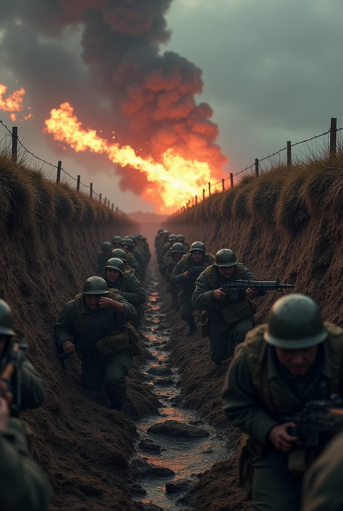 French soldiers took cover in trenches as artillery fired.