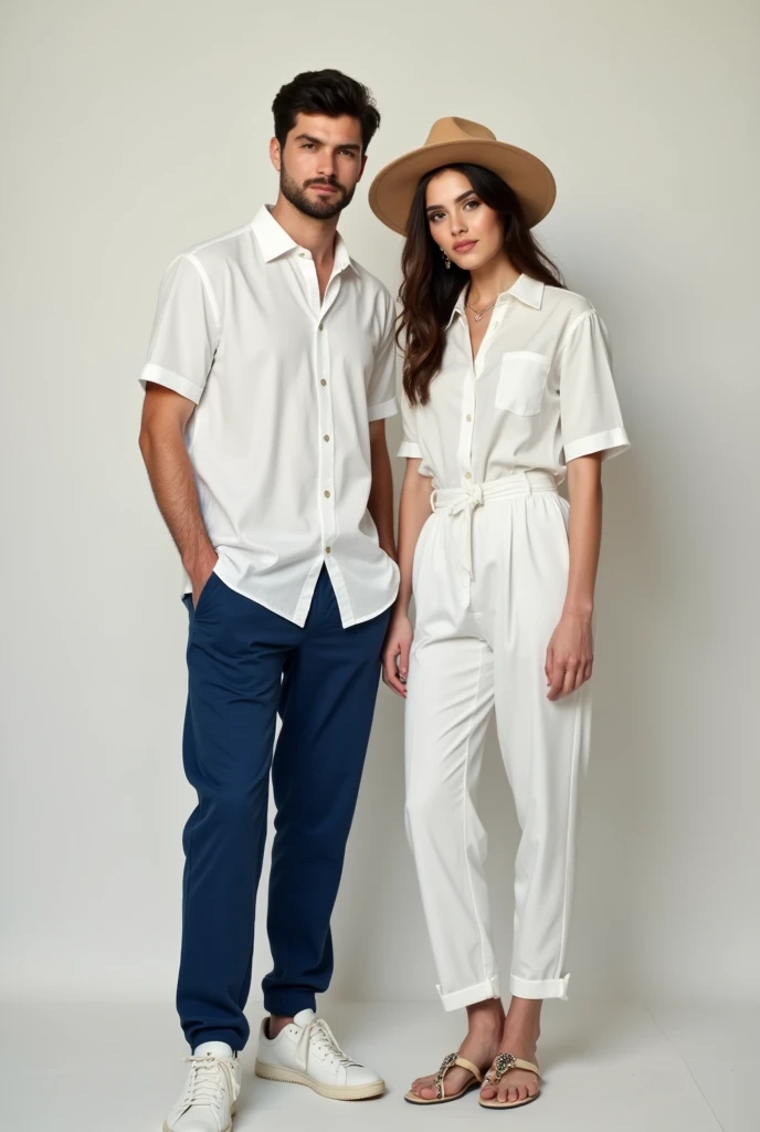 20 years old a handsome guy wore white shirt and deep blue hammer pants and his girlfriend wore plain Co-ord Set and a cute hat front photo