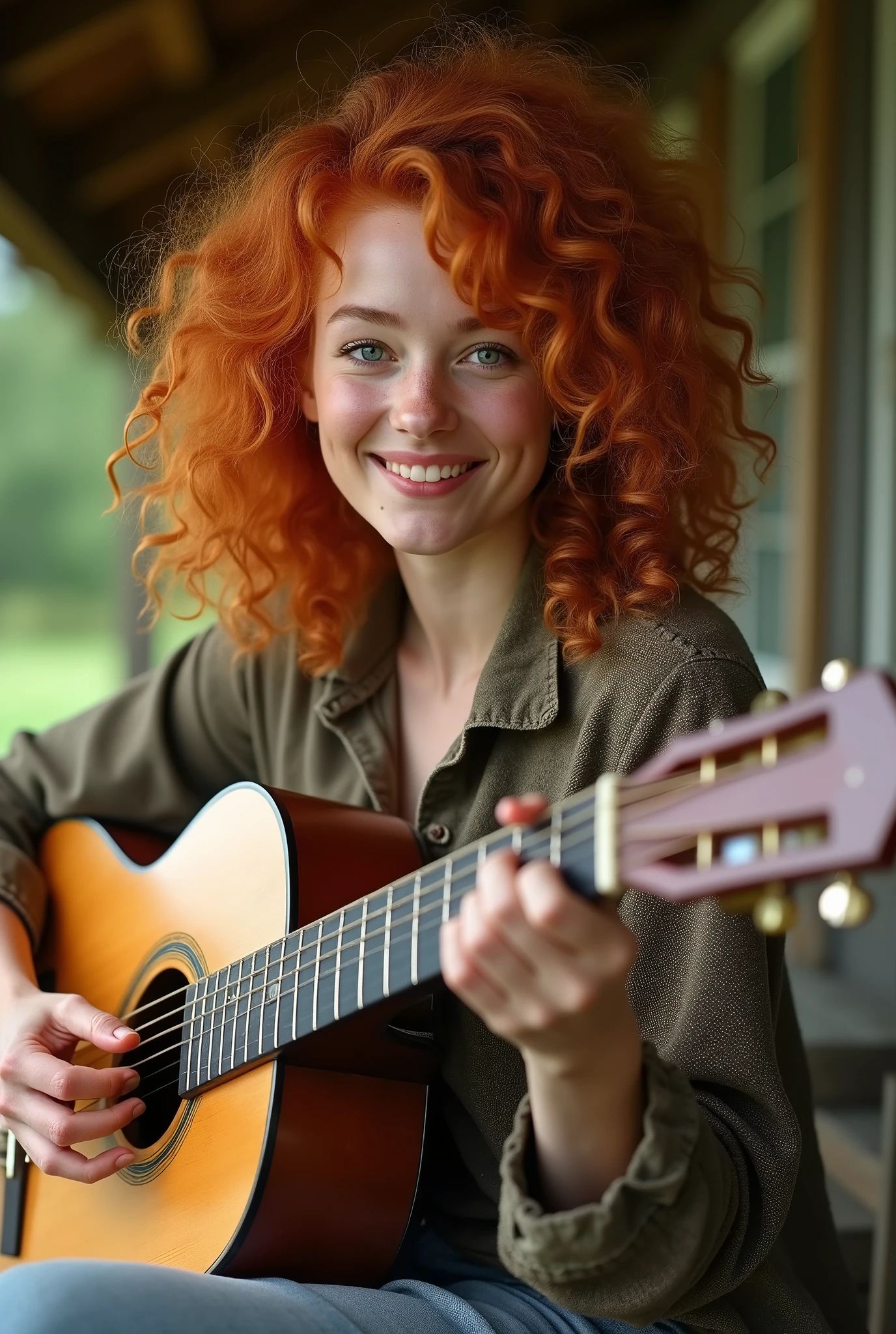 a white woman with curly red hair like springs sitting down playing a 10-string country guitar
