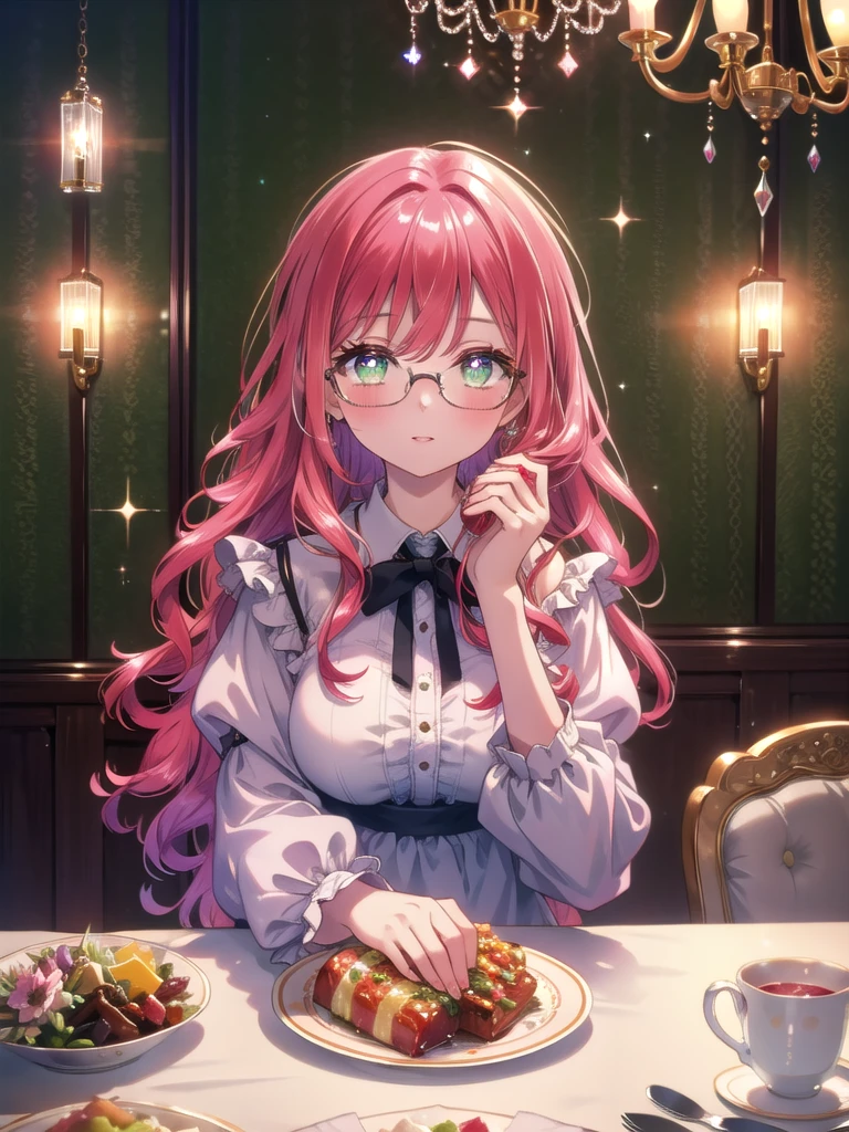 ((8k, Highest quality, masterpiece: 1.3)),Ultra-high resolution,(1 girl, alone), (Color changing eyes, Ultra-detailed, Expressive brilliance, Glitter, Glowing Eyes), Highly detailed eyes, Highly detailed face, Random Hair, ((pastel colour))A young girl with shoulder-length, curly red hair sits at a dining table, about to enjoy dinner with her family. She’s wearing a simple, collared dress in a soft pastel color. Her expression is warm and inviting, her green eyes filled with affection as she looks across the table at a family member, a soft smile on her lips. The dining room is warmly lit, with a chandelier casting a gentle glow over the table, which is set with plates of food, glasses of water, and a vase of fresh flowers in the center. The atmosphere is cozy and filled with the comfort of a family meal.