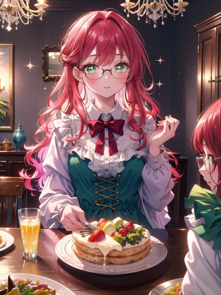 ((8k, Highest quality, masterpiece: 1.3)),Ultra-high resolution,(1 girl, alone), (Color changing eyes, Ultra-detailed, Expressive brilliance, Glitter, Glowing Eyes), Highly detailed eyes, Highly detailed face, Random Hair, ((pastel colour))A young girl with shoulder-length, curly red hair sits at a dining table, about to enjoy dinner with her family. She’s wearing a simple, collared dress in a soft pastel color. Her expression is warm and inviting, her green eyes filled with affection as she looks across the table at a family member, a soft smile on her lips. The dining room is warmly lit, with a chandelier casting a gentle glow over the table, which is set with plates of food, glasses of water, and a vase of fresh flowers in the center. The atmosphere is cozy and filled with the comfort of a family meal.