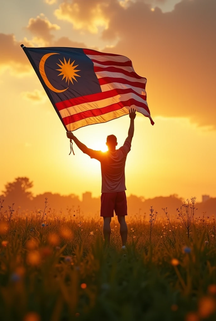 create a cinematic photo Ronaldo in a field is hoisting a Malaysian flag to celebrate independance day. Cinematic and warm morning, Surnrise sky. aspect ratio 16:9