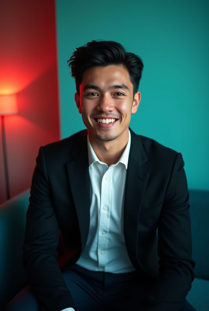 @Anik khan KST-💫:A young Man With Dark hair and a confident smile He is Dressed in a black blazer over a white shirt The man is positioned against aqua colour backdrop with a subtle red lighting on the left side and he posing for Linkedin profile