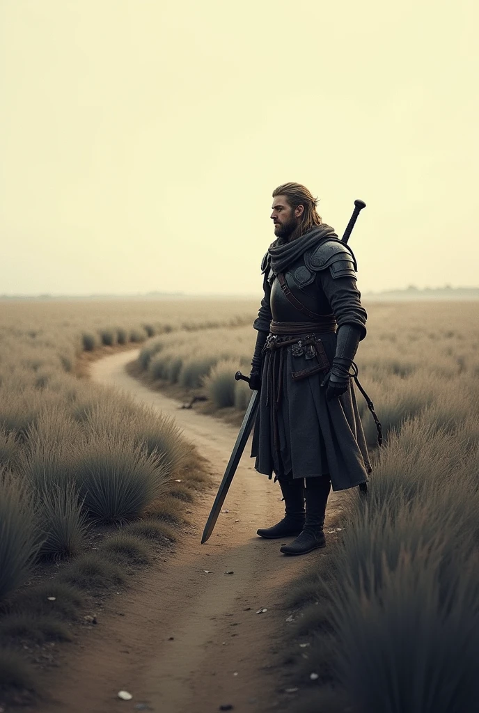 I would like to create a warrior with simple armor and sword , the scene he finds himself in is a trail in a vast silver field in the late afternoon