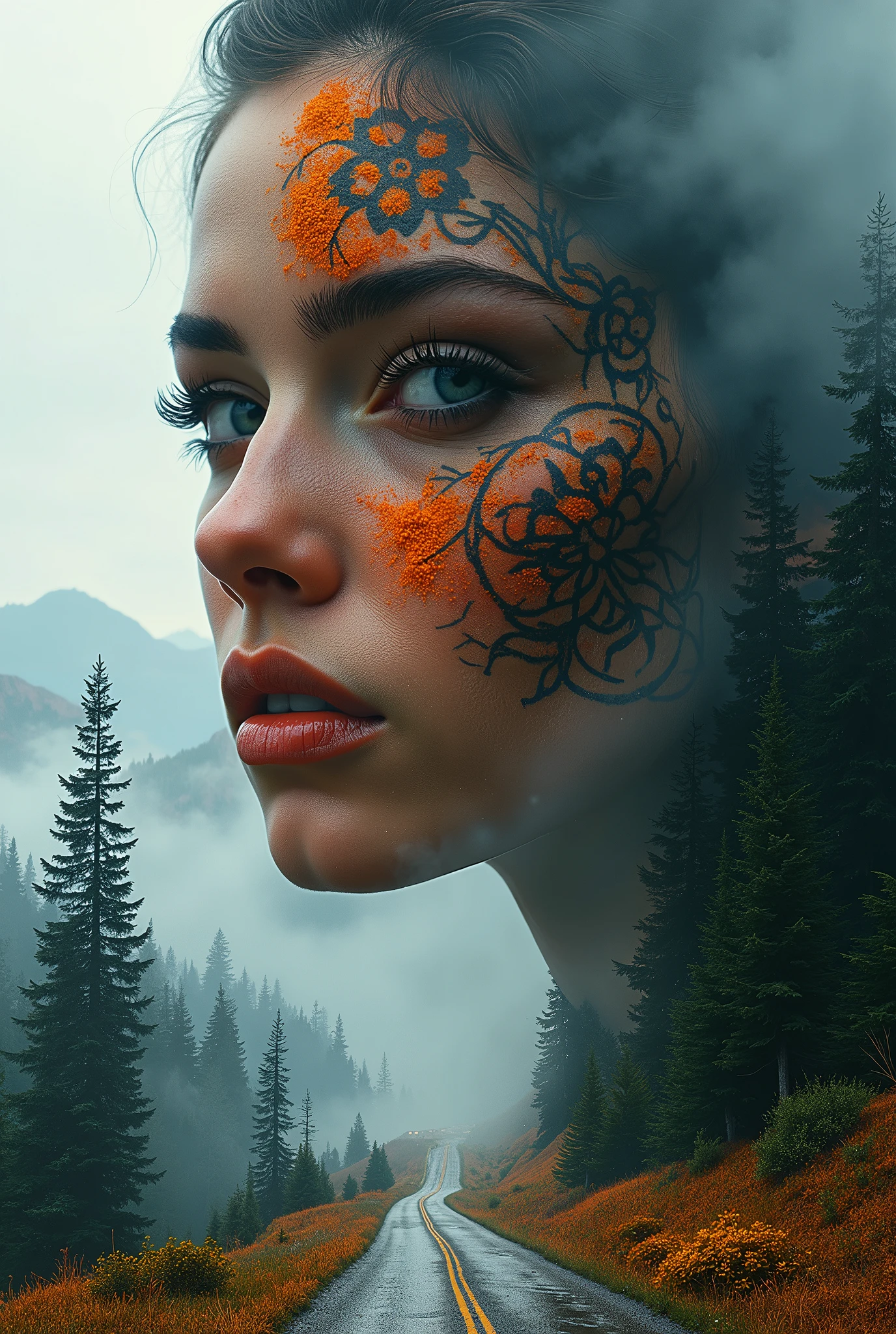 Double exposure of An awe-inspiring digital artwork featuring the face of a beautiful woman with piercing eyes, adorned in vibrant orange and black tattoos on her skin, set against a backdrop of mountains, forests, rivers, and a road that leads to a mysterious crossroads. Creating a captivating contrast between light and dark colours. This composition evokes a sense of wonder and curiosity, inviting viewers into another world with contrast and cinematic lighting. Ray tracing, SSAO, OLED clarity, global illumination, subsurface scattering, cinematic lighting, Tundra, Canon EOS 5D Mark IV camera with a Canon EF 50mm f/2.8L II USM lens tundra symmetry