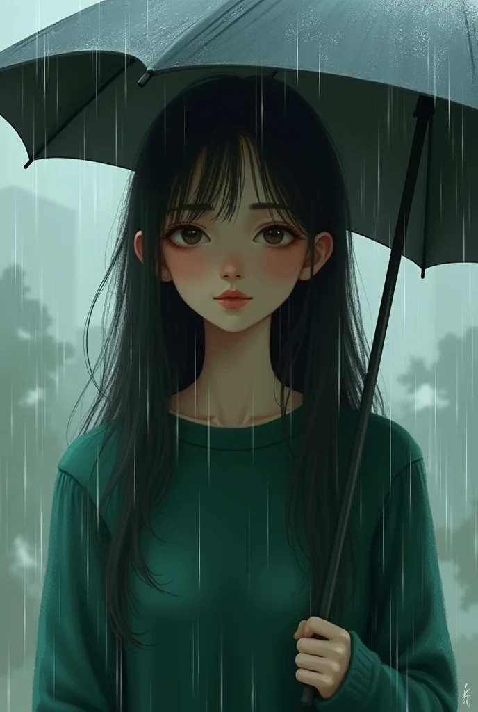 Woman with small eyes, Oval face, long dark hair with light tips in umbrella in the rain wearing a green sweater