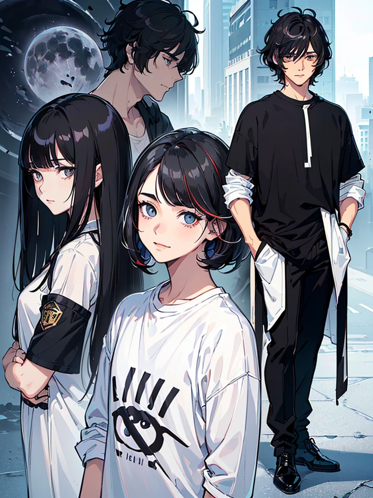 ((highest quallity, work of art, 4K, finely detailled, detailedeyes, face detailed, gelbooru, pixiv)), warm lighting, ((standing alone)), 1 men, bonitas, masculine, adult man, broadshouldered, close do rosto, ((black hair with white streak in the bangs), portraite, seducing smile. looking ahead at viewer, ((lazy eyes, half covered, white eyes with white pupils)), wearing modern clothes, a black t-shirt with a moon design, black zaquets, standing, hands in pockets, ((black hair with white streak in the bangs, shorth hair, shaggy hairstyle, Messy hair)), city background