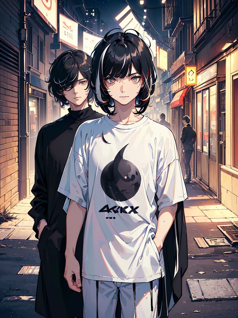 ((highest quallity, work of art, 4K, finely detailled, detailedeyes, face detailed, gelbooru, pixiv)), warm lighting, ((standing alone)), 1 men, bonitas, masculine, adult man, broadshouldered, close do rosto, ((black hair with white streak in the bangs), portraite, seducing smile. looking ahead at viewer, ((lazy eyes, half covered, white eyes with white pupils)), wearing modern clothes, a black t-shirt with a moon design, black zaquets, standing, hands in pockets, ((black hair with white streak in the bangs, shorth hair, shaggy hairstyle, Messy hair)), city background