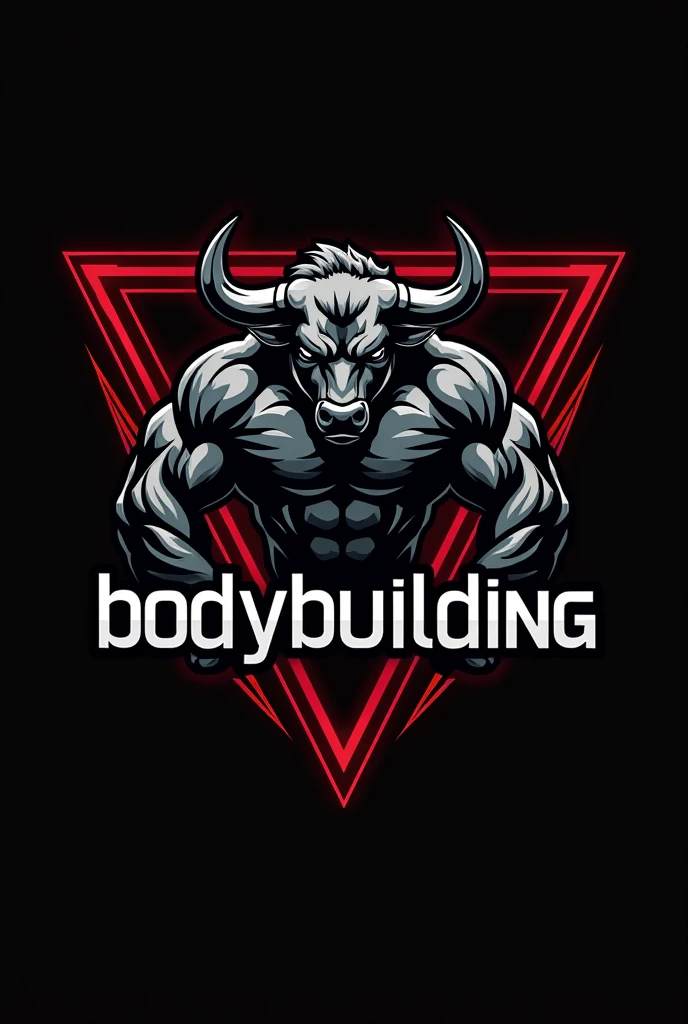 Design a powerful and dynamic logo for a bodybuilding brand featuring a strong, muscular bull as the central figure, symbolizing strength, power, and determination. The bull should have well-defined muscles, with a stance that conveys energy and dominance, embodying the essence of bodybuilding. Use sharp, angular lines to emphasize the bull's muscular build and add a sense of intensity. Incorporate bold, dark tones like black, deep red, or metallic gray to create a fierce and commanding presence. The logo should include the word 'BODYBUILDING' in a bold, modern font that complements the aggressive and energetic vibe of the design.