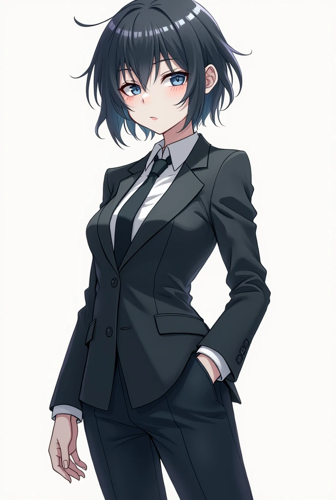 Generate a girl but she is tomboy with short hair and white face and also she is clothes a corporate uniform anime face