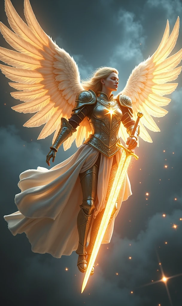 Create an intricate and powerful image for the "Knight of Lights" card in the Lumen Angelis deck, inspired by the Knight of Swords from the Rider-Waite tarot, but transformed into a celestial warrior of light. This image should capture the essence of swift action, decisiveness, and unstoppable energy, all while maintaining a divine, angelic presence that aligns with the overall theme of the deck. At the center of the scene is a commanding angelic figure, the Knight of Lights, depicted in mid-flight. The knight's body is poised in a dynamic, forward-leaning stance, exuding a sense of urgency and determination. His wings are expansive and magnificent, made of pure, radiant light, with feathers that shimmer and pulse as they cut through the air. The wings are slightly blurred at the tips, conveying a sense of rapid movement, as if the knight is charging ahead at great speed. The Knight’s armor is a breathtaking blend of celestial design and practicality, crafted from a material that appears to be forged from the very essence of starlight. The armor glows with a bright, metallic sheen, with intricate patterns of constellations and cosmic symbols etched into its surface. The breastplate features a prominent emblem of a blazing star, symbolizing the knight's role as a beacon of clarity and truth. Each piece of armor fits the knight perfectly, allowing for both protection and agility, and is accentuated by a flowing cape of light that trails behind him, adding to the sense of speed and motion. In the knight’s right hand, he wields a long, gleaming sword of pure light, much like the one held by the Page of Lights, but larger and more formidable. The blade is sharp and straight, glowing with an intense, white-hot light that radiates power and authority. The sword’s hilt is adorned with celestial engravings, and it pulses with a rhythmic energy that syncs with the knight's heartbeat, symbolizing the deep connection between the warrior and his divine mission. The knight's