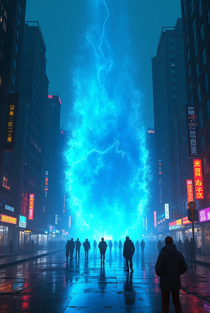 (Glitch Art), holographic, interdimensional blue distortion space on the center of cyberpunk street city