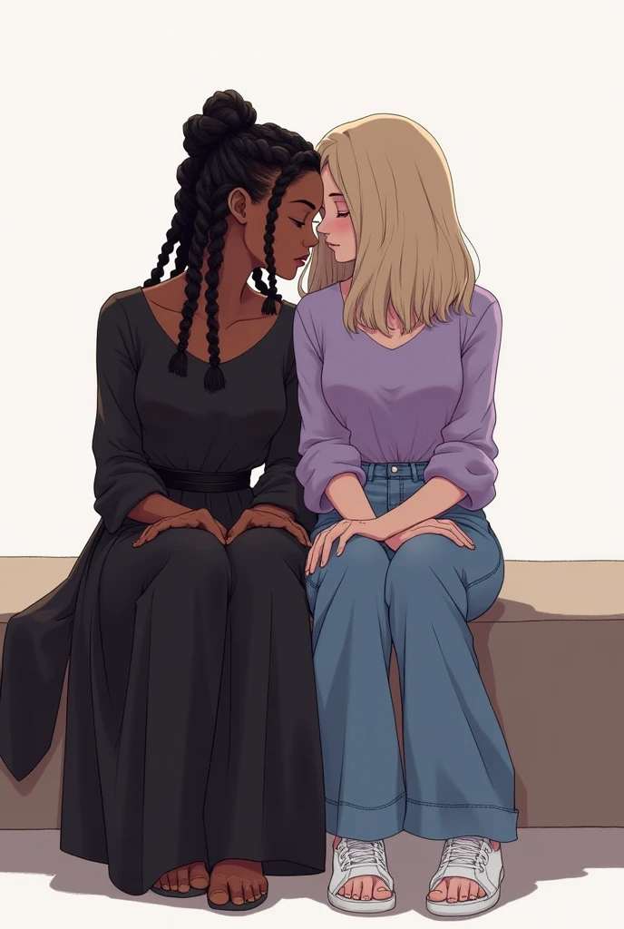 Two girls,sitting side by side with their backs turned looking forward together,one has her head lying on the other's shoulder, one of the girls has braided hair and wears a black blouse with a black flared skirt and is black,while the other is white and is wearing a lilac blouse with wide jeans
