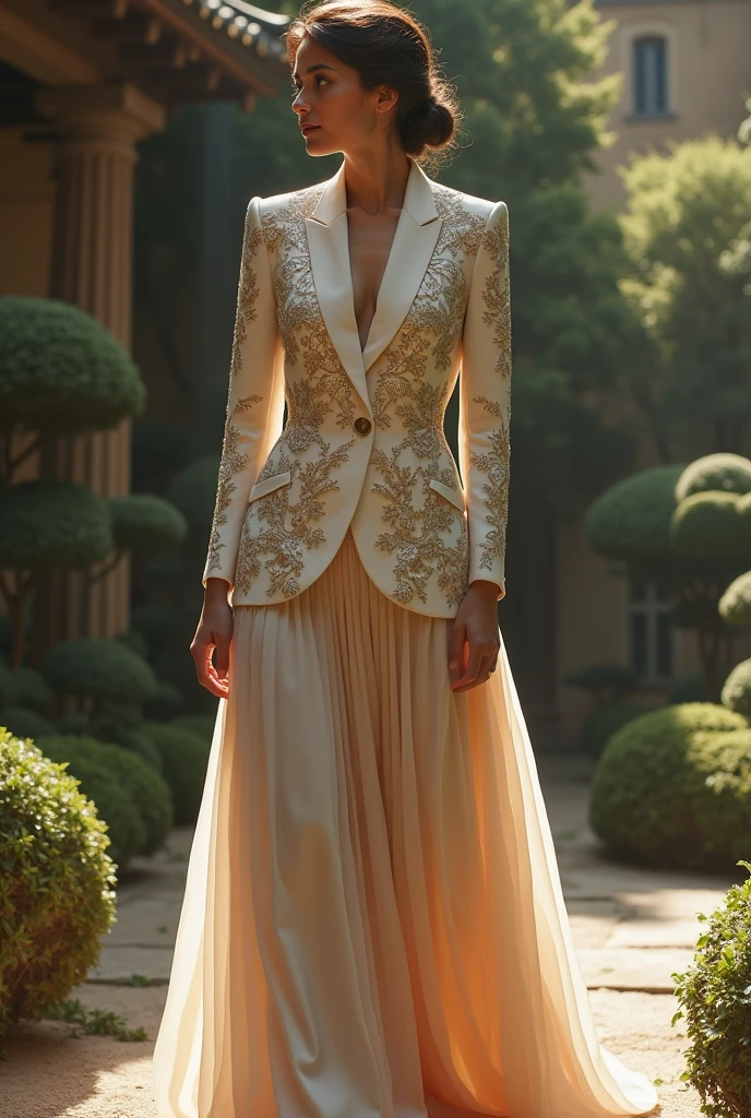 I want you to give me a haute couture suit for women that fuses Roman and Japanese culture, from head to toe