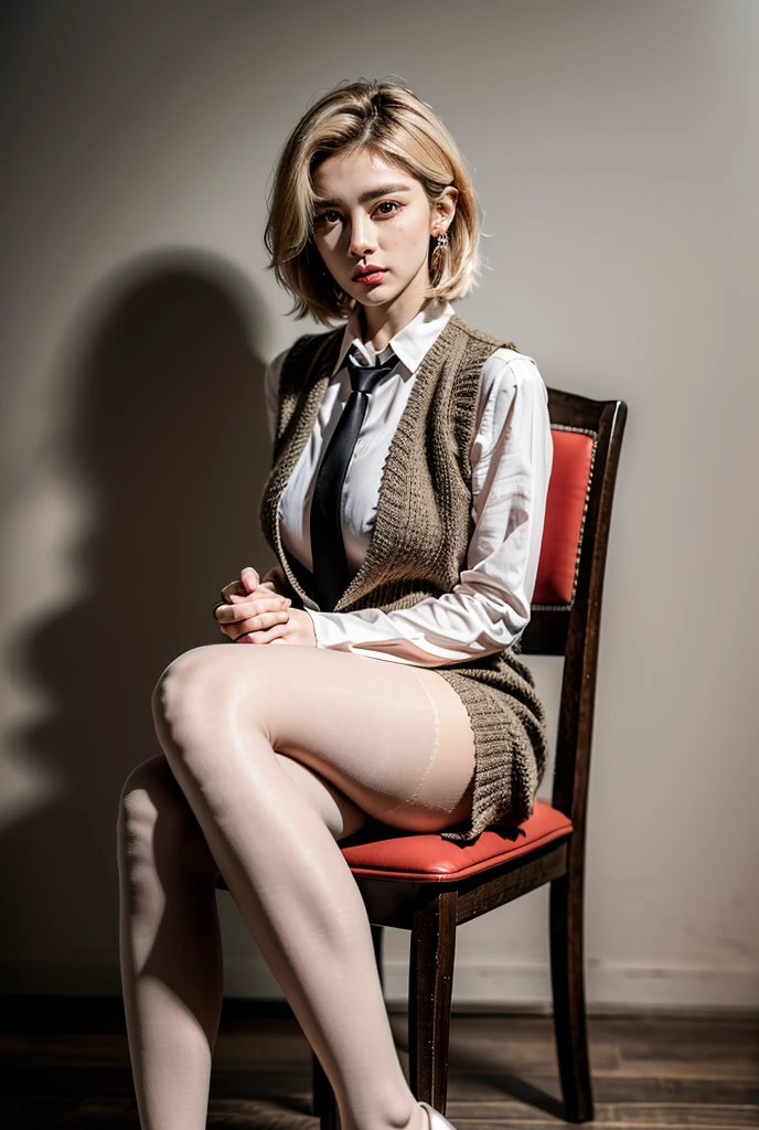 (RAW shooting, Photoreal:1.5, 8k, highest quality, masterpiece, ultra high resolution), perfect dynamic composition:1.2, Highly detailed skin and facial textures:1.2,(beautiful and aesthetic:1.2,Fair skin:1.2, full body:1.2,sitting:1.2,chair:1.2,legs together:1.2), (large breast:1.4), (perfect limbs:1.2), (perfect fingers:1.2),(caucasian,1girl,earrings,makeup, tall,standing,short blonde hair,(dark brown vest:1.2,white shirt:1.2,long sleeves,long necktie,fingerless gloves),(bottomless:1.2, pantyhose:1.2),(perfect thigh:1.2)),(simple background:1),
