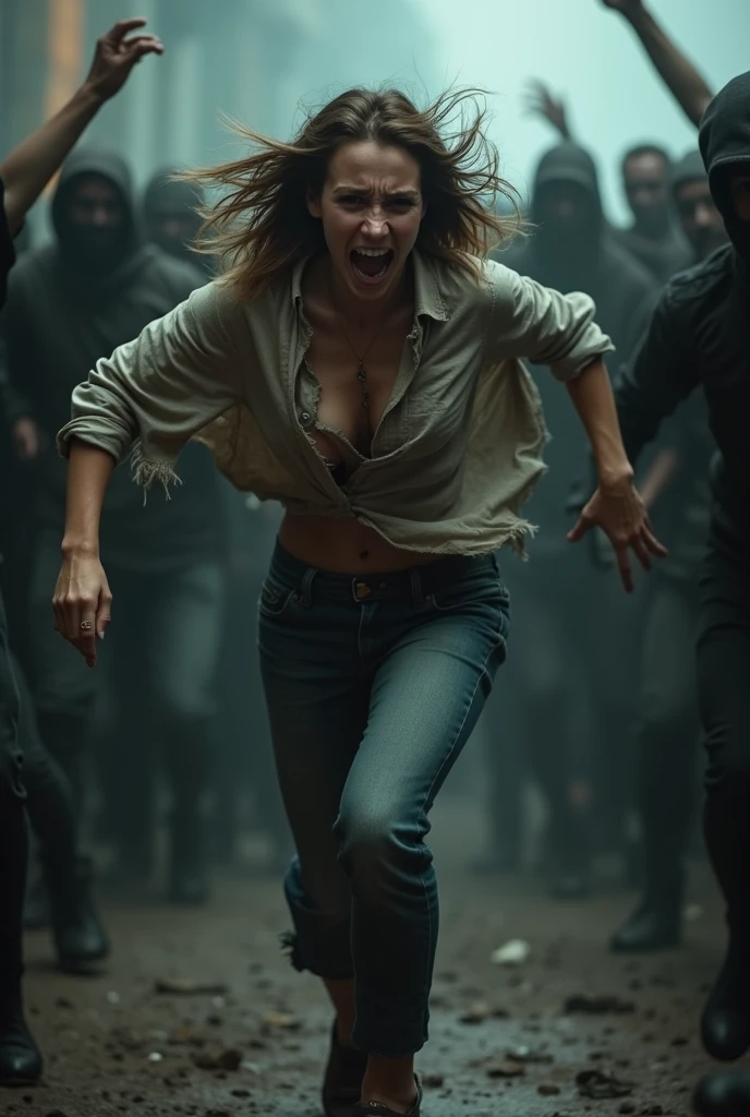 crying Rape girl with torn cloth run from all man crowd
