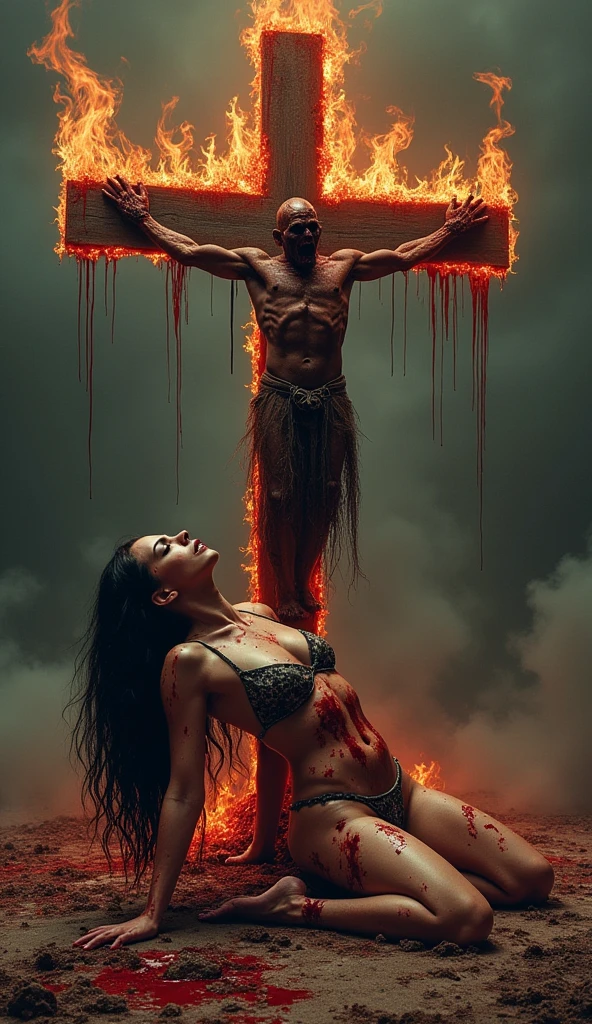 an album art cover for a deathcore, metalcore band. There is a beautiful model kneeling on the ground almost beaten to death, bloody and bruised, she is kneeling before a large cross, there is a demon handing on the cross. The cross is on fire. At the top of the image text reads “”HopesHeart”. At the bottom of the image text reads “Broken Chromosomes”.