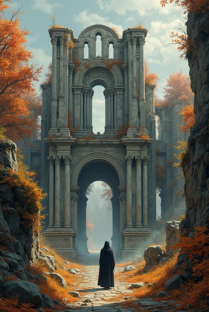 , late autumn ruins, high quality, highly detailed, illustration, impasto, canvas, oil painting, fantasy,
