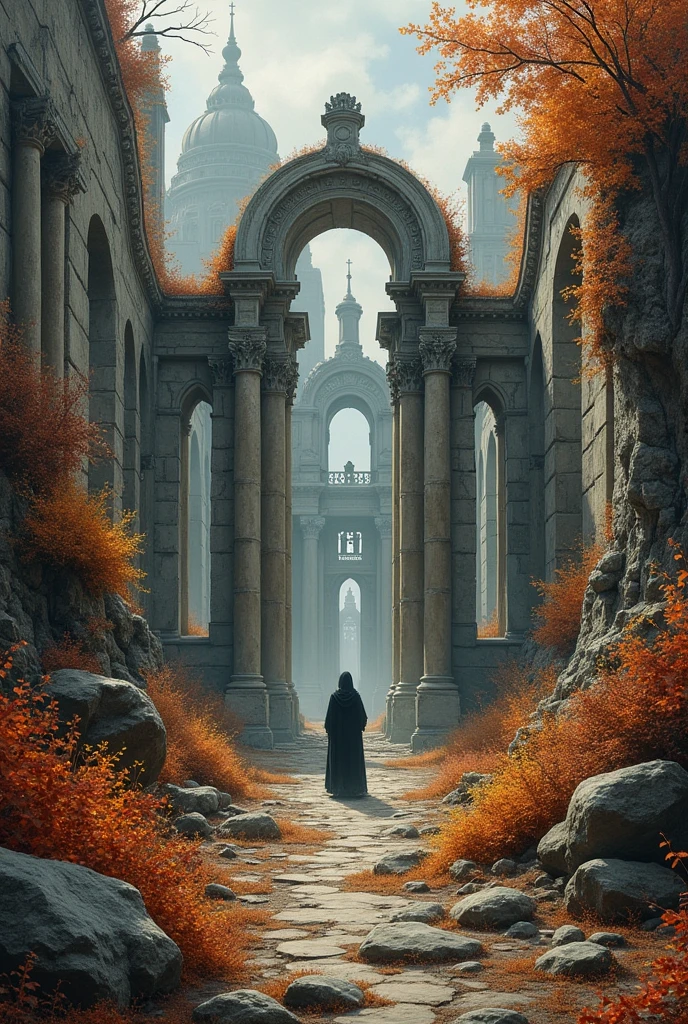 , late autumn ruins, high quality, highly detailed, illustration, impasto, canvas, oil painting, fantasy,