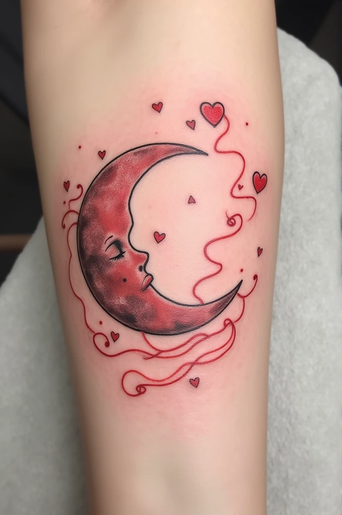Moon tattoo with heart-shaped things and delicate, wavy red strokes