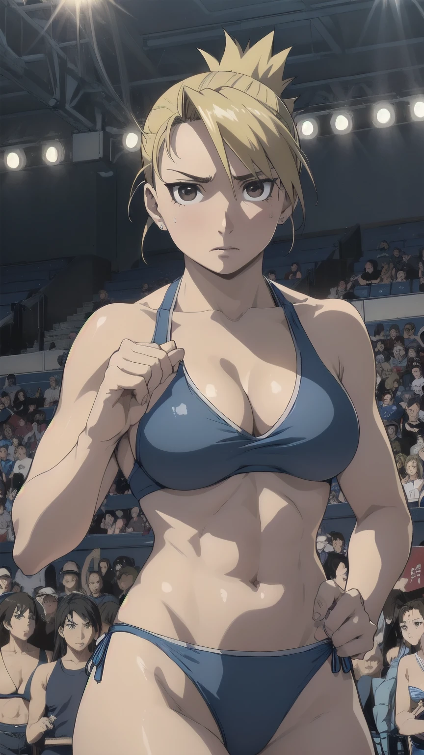 masterpiece, Highest quality, High resolution, One Girl, Hamriz, ponytail, Brown eyes,big , マイクロbikini、Cowboy Shot、Muscular body、blush、Sweat、Composition from the front、anime、(((Light blue bikini、Stand in front、audience、Shaking breasts、 fully exposed、Facing forward)))、((Wrestling Arena)), (Female wrestler), (Slender body, 発Sweat, tired), Mature Woman, Mature Woman, (bikini, Very detailed wrestling equipment) 