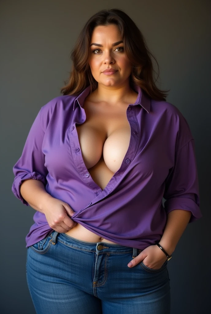 Photography of a mature mother in jeans and a purple shirt, seductive girl, mature proportions, touching his clothes, pose sexy, breasts uncovered , beautiful and seductive woman, pose casual, big breasts!!, big breasts saliendo de blusa, gross, Wide hips,  motherly full body, mother waist.