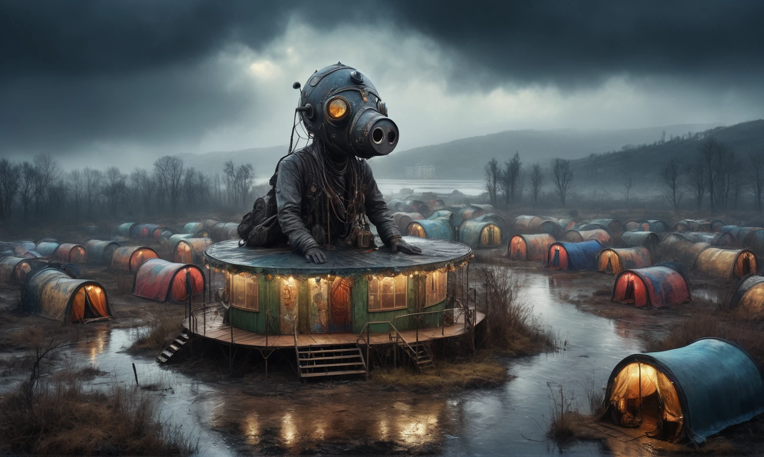 insane pilot from USSR , camouflage Rusty, after a psychiatric clinic,winter,intricate landscape,slate grey atmosphere,film grain,faded,eyes extremely detailed,another world,view from height,once pretty face,eyebrow up,full body shot,ominous landscape, Simon Stalenhag,Nicola Samori,full body shot,beggar paladium The Alien Entity,Technicolor,natural skin textures, hyper realism, hyper detailed,Extremely detailed,High contrast,Masterpiece,Realistic,Ultra Detailed, intricate details,realistic humid leather,extremly intricate,Epic Realistic, cinematic style,irina yermolova,high contrast,hdr,extremely detailed, deep night landscape,masterpiece,intricate details,faded,eyes extremely detailed, high detailed eyes,8k resolution,RAW,retina, Nikon Z9,China,tkt style, transition between two art styles, Ink painting to photorealism, Double contact, X-ray, Creative, vivid light, masterpiece, fantasy, Abstract Surrealism, super detailed, high resolution, stop:35;Her skin is pale, almost translucent,ancient rock,a hot air soars through the layers of clouds, revealing a colossal and enigmatic cityscape nestled within. The buildings in this ethereal city are adorned with intricate details and exude an aura of mystery. Above the cityscape, lend an enchanting touch to the scene. steampunk. The intricate mechanics create a sense of wonder and fascination, as if stepping into a dreamlike realism,Marta Bevacqua, ais-sinisterz, a derelict circus in the middle of a swamp, remnants of colorful tents, a silent carousel with spectral horses, all under a sky heavy with storm clouds