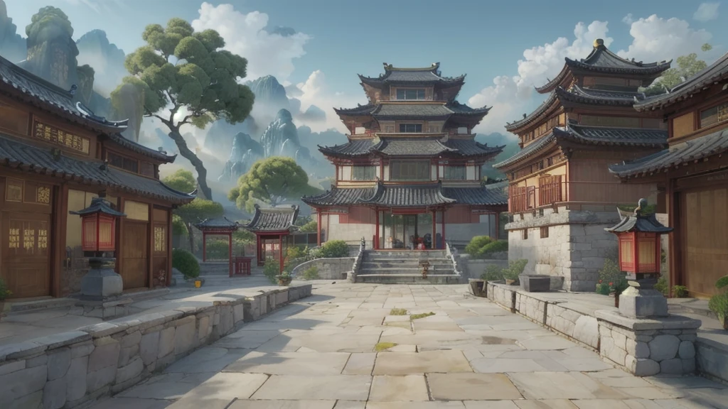 中国Ink画, masterpiece , best quality, Ink画,Guo Chao,Ink,cloud雾围绕着architecture,Ink画(Xianxia scene,Fantasy fairyland scene,Pavilions,architecture具有东南亚特色,cloud雾缭绕:1.5),outdoor,Sky,daytime,cloud,Tree,Blue sky,nobody,window,plant,architecture,landscape,lantern,stairs,Potted plants,architecture,东亚architecture,landscape
