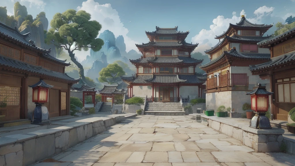 中国Ink画, masterpiece , best quality, Ink画,Guo Chao,Ink,cloud雾围绕着architecture,Ink画(Xianxia scene,Fantasy fairyland scene,Pavilions,architecture具有东南亚特色,cloud雾缭绕:1.5),outdoor,Sky,daytime,cloud,Tree,Blue sky,nobody,window,plant,architecture,landscape,lantern,stairs,Potted plants,architecture,东亚architecture,landscape