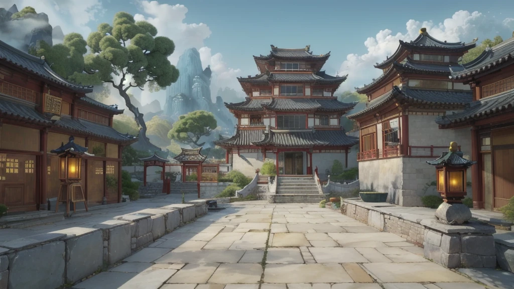 中国Ink画, masterpiece , best quality, Ink画,Guo Chao,Ink,cloud雾围绕着architecture,Ink画(Xianxia scene,Fantasy fairyland scene,Pavilions,architecture具有东南亚特色,cloud雾缭绕:1.5),outdoor,Sky,daytime,cloud,Tree,Blue sky,nobody,window,plant,architecture,landscape,lantern,stairs,Potted plants,architecture,东亚architecture,landscape