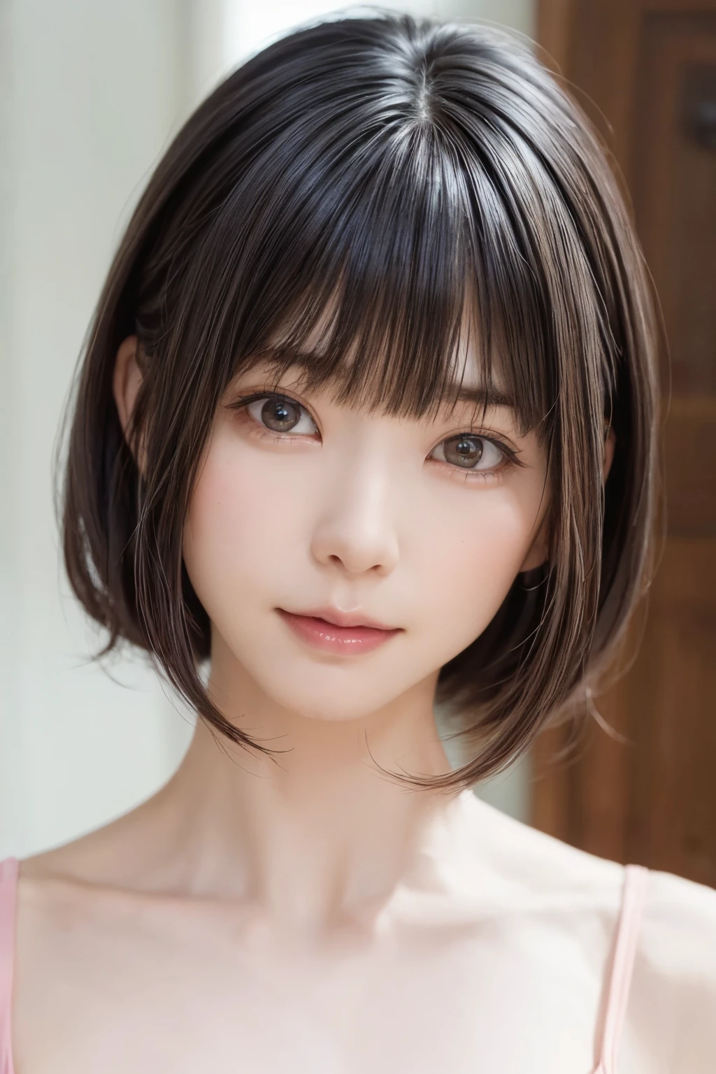 ((masterpiece, Highest quality, High resolution、Realisticですべてが美しく詳細に描かれている)), 1 person, (Realistic: 1.4), alone, White Background, snow-White Background, Mouth closed, smile, smile, Beautiful black hair, short hair, Big eyes, Transparent double eyelids, eyelash, Listen carefully, Long neck, 美しくLong neck, Absolute area, ((Face close-up)), (Draw the whole head, shoulder), 1, Attractive proportions, Glowing Skin, Beautiful clavicle, Golden ratio face, Perfect Face, Teardrop-shaped mole, chestのほくろ, bangs, clean bangs, beautiful bangs, Lip gloss, Thin lips, Fair skin, naked, Big Breasts, {Huge|big|Hugeな|Mega} chest:2, chestの谷間:2,chestの谷間を見せる、Small face, Small face, All the heads are painted, shoulder all drawn, Point slightly above the camera