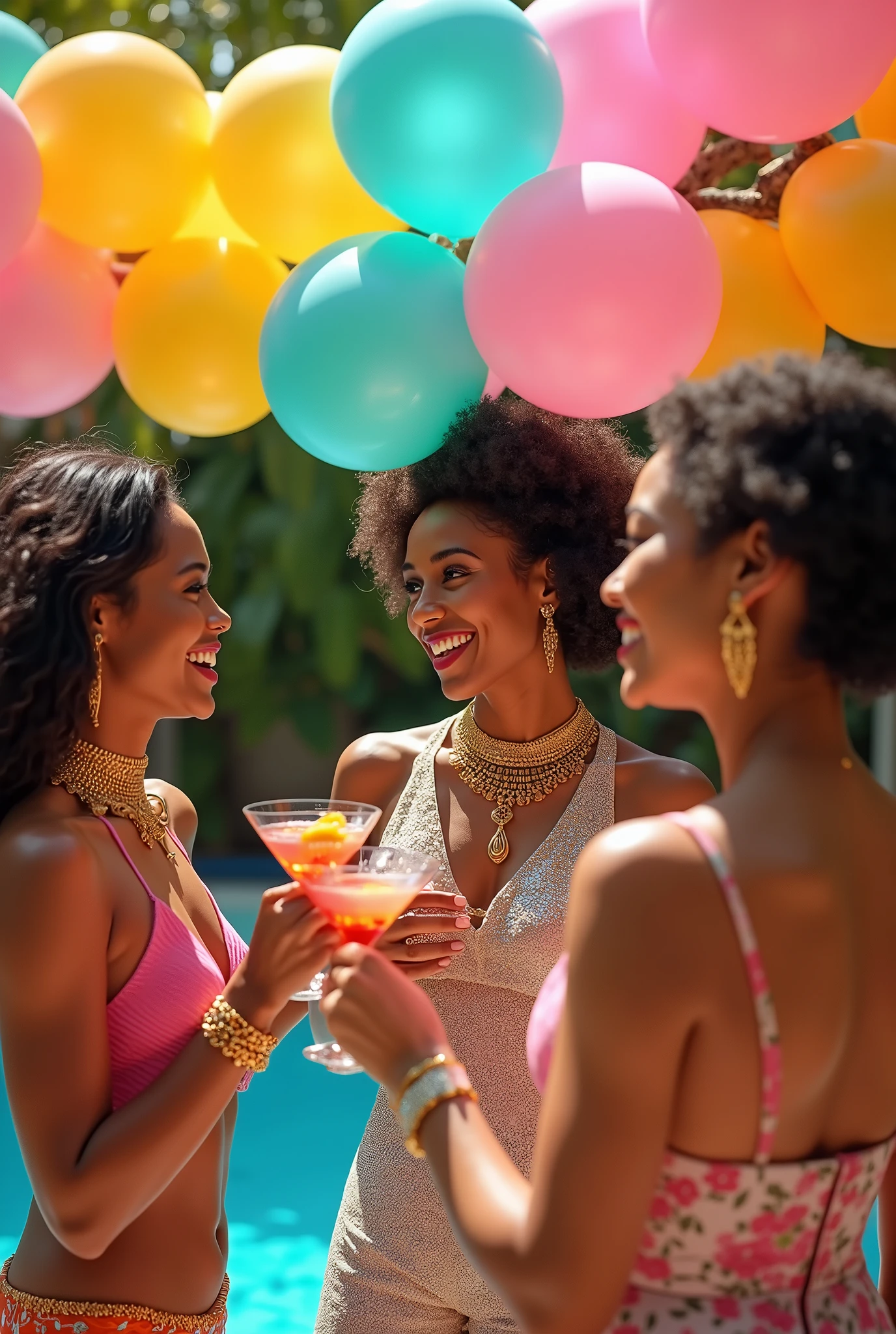 Festa pool party, colorful balloon money, happiness, gold jewelry and drinks