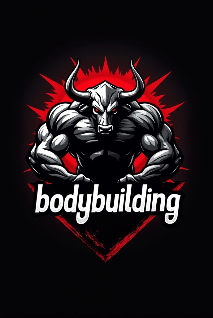 Design a powerful and dynamic logo for a bodybuilding brand featuring a strong, muscular bull as the central figure, symbolizing strength, power, and determination. The bull should have well-defined muscles, with a stance that conveys energy and dominance, embodying the essence of bodybuilding. Use sharp, angular lines to emphasize the bull's muscular build and add a sense of intensity. Incorporate bold, dark tones like black, deep red, or metallic gray to create a fierce and commanding presence. The logo should include the word 'BODYBUILDING' in a bold, modern font that complements the aggressive and energetic vibe of the design.