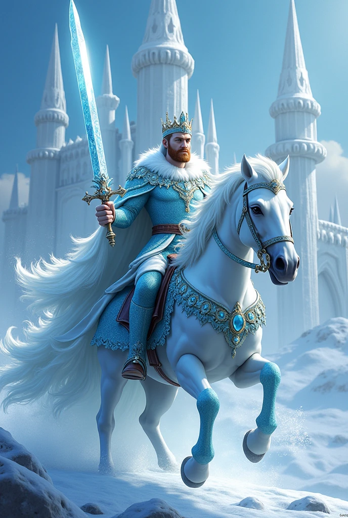 A king with a water sword, an armor of ice, on top of a white horse with ice armor, behind there is an ice castle. Disney  style 