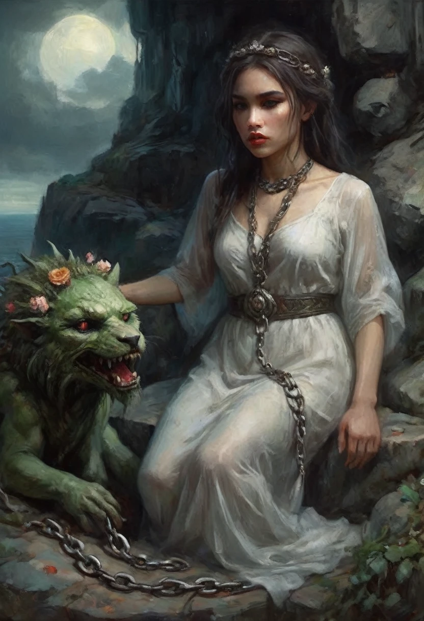 a sacrificial virgin woman, distressed expression, flower body decorations, beautiful detailed face and eyes, long eyelashes, airy sheer white dress, chained ankles, on a sacrificial nook on a cliffside, an eldritch beast with a slime blob body and many mouths approaching, dramatic lighting, dark moody atmosphere, cinematic composition, fantasy, dark fantasy art, muted color palette, chiaroscuro lighting, photorealistic, highly detailed, masterpiece