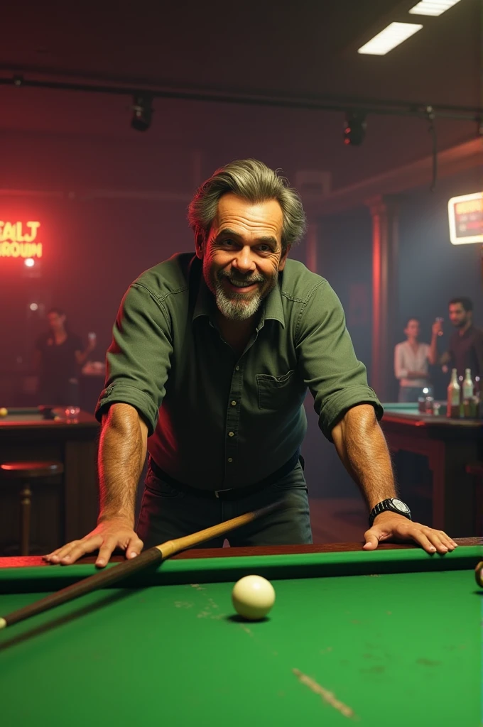 Dave in GTA 5 playing snooker and smiling