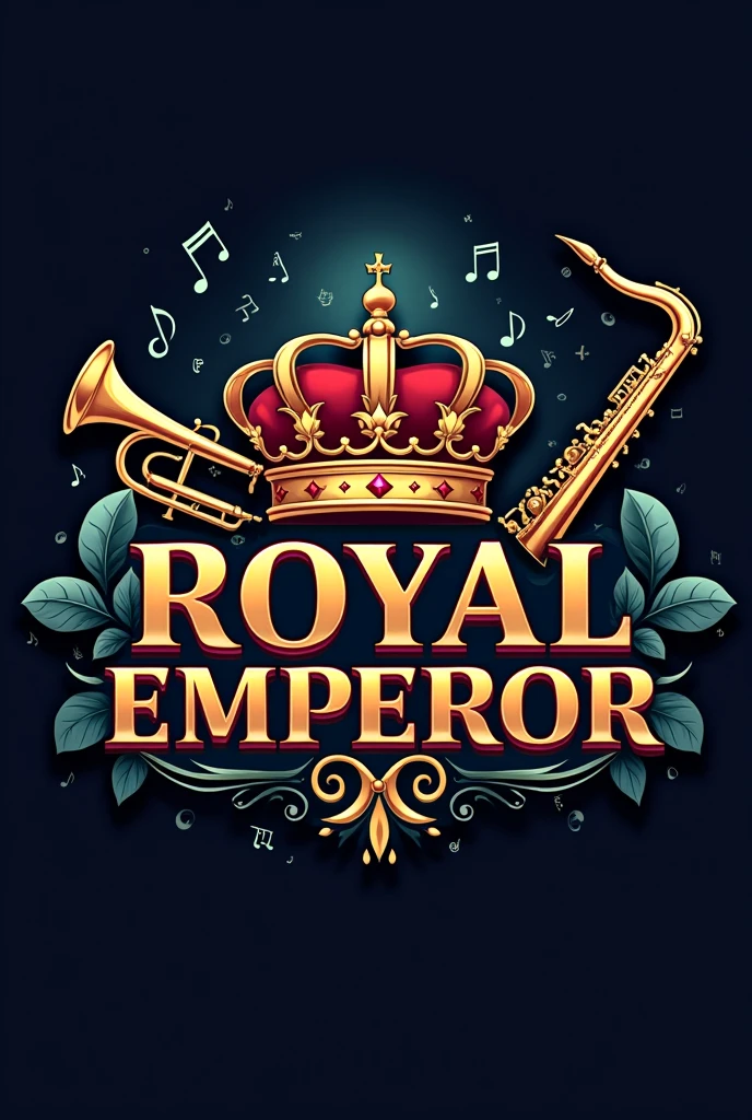 Logo with capital letters " Royal Emperor" and with a background of music, and on the side a trumpet and a saxophone 