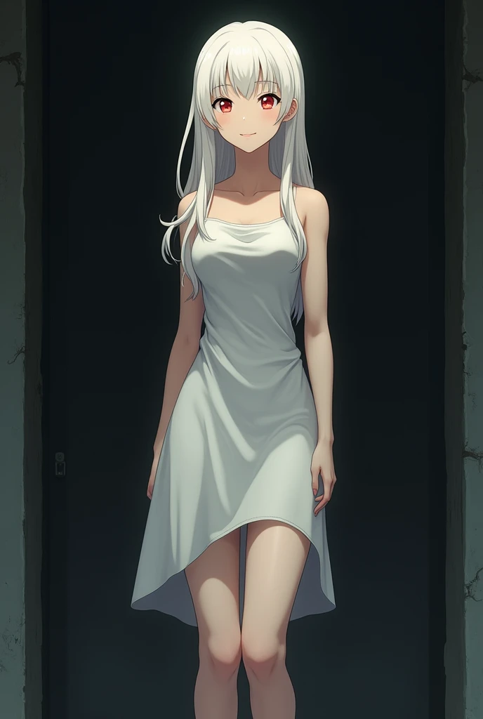 ((woman, bare breasts, shaved maxi skirt, small breasts,((very long white hair, red eyes, hopeless face)),((standing, 1 arm behind her back)), in a haunted forest at night,