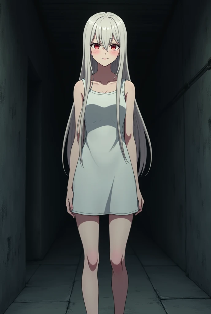 The image is in the style of a Ghibli studio anime., although somewhat gloomy and adult, It features a 20-year-old albino adult woman.. She is standing in front of a black wall, She has long hair and red eyes. He appears happy with a smile. She has a white dress that reaches her knees.. strong thighs.