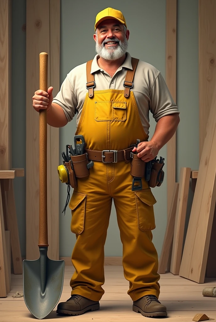 I want a picture of an adult drawn in a realistic style,. The child must wear yellow overalls and a cap of the same color.. In one hand you should hold a shovel and in the other a hammer., In addition to having a screwdriver and a tape measure attached to the belt. The adult must be smiling, and must be standing on a wooden floor. But I want it to be noted that he works in carpentry and masonry. 