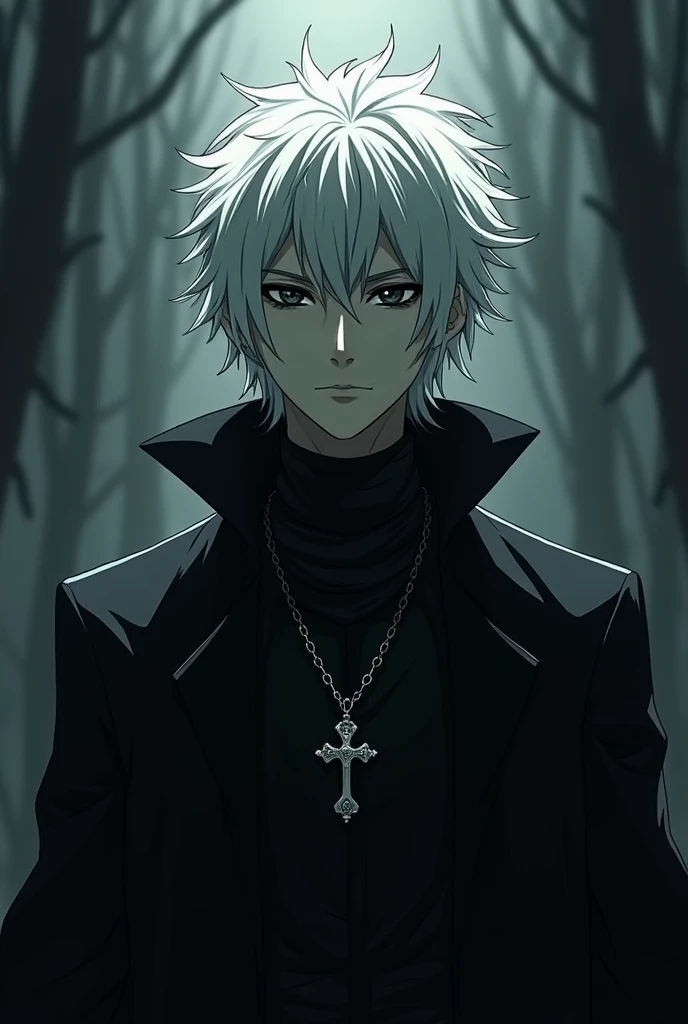 a dark man, White hair, black clothes and collar and dark eyes, a necklace with a crucifix, all anime style
