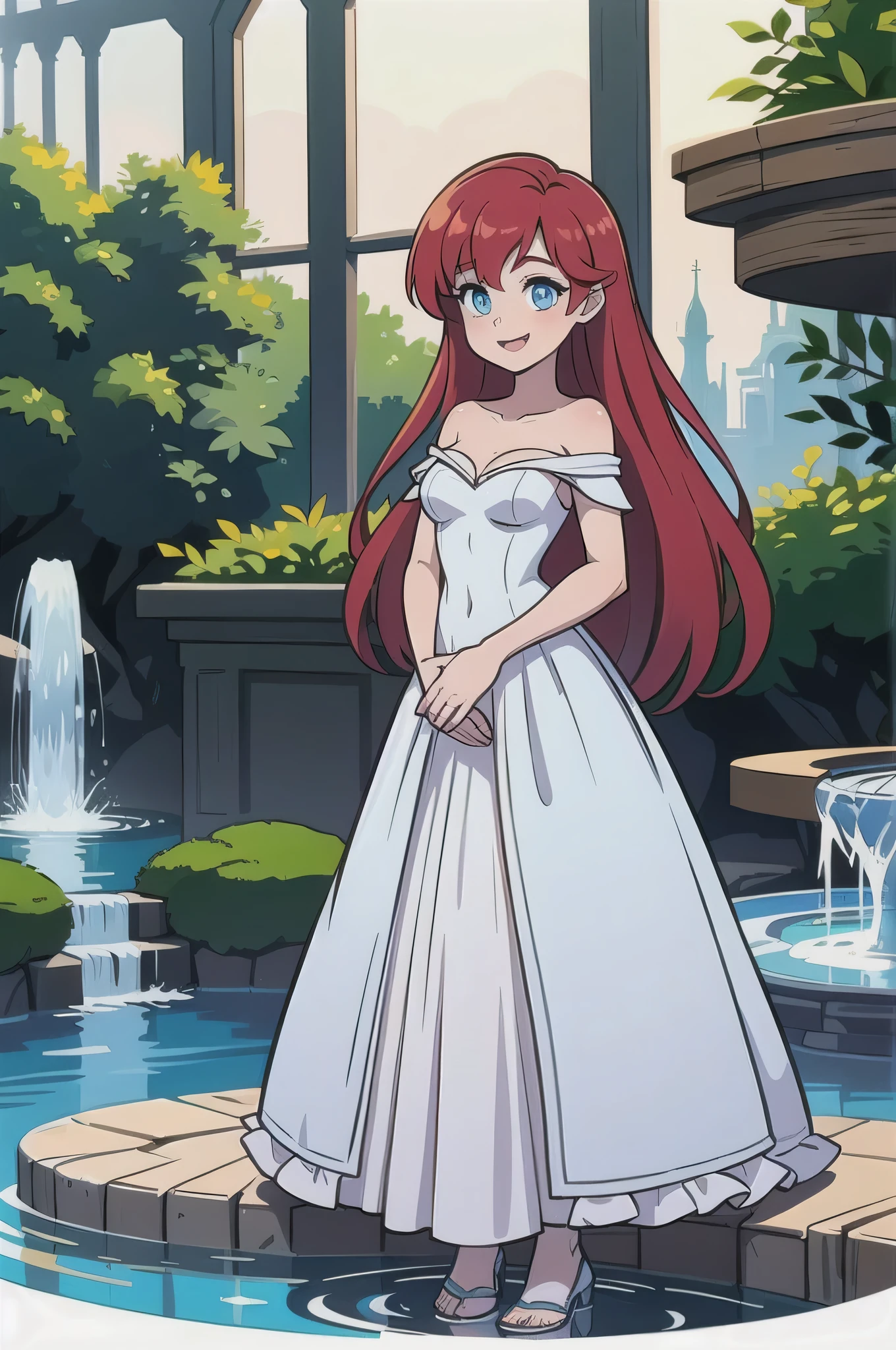 Best quality, Beautiful lighting, Ariel, long red hair, blue eyes, happy, 1 girl, solo, Bare Neck, Bare Arms, Bare Shoulders, white dress, Strapless White Ruffle Off-the-Shoulder Top, Long Skirt, Garden Background, water fountain, standing, looking at viewers

