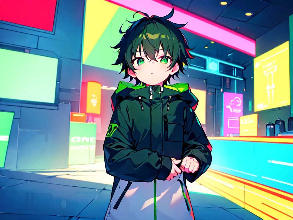 [(CITYPOP BACKGROUND:1.5),::5], (((masterpiece))), high quality, ultra_very_high_resolution, large_filesize, upper body, (green base), full color, ((solo)), ((little boy)), ((black short hair)), green eyes, anime, neon light, black parka,