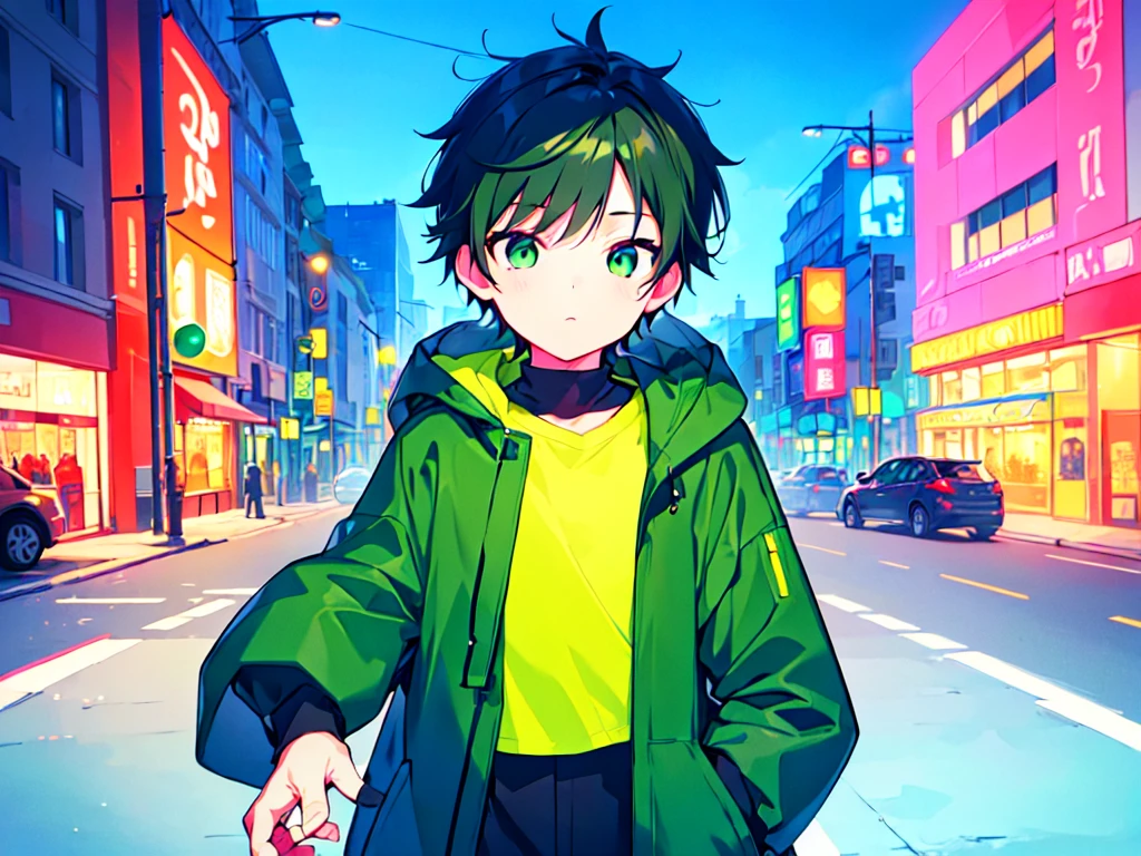 [(CITYPOP BACKGROUND:1.5),::5], (((masterpiece))), high quality, ultra_very_high_resolution, large_filesize, upper body, (green base), full color, ((solo)), (()), ((black short hair)), green eyes, anime, neon light, black parka,