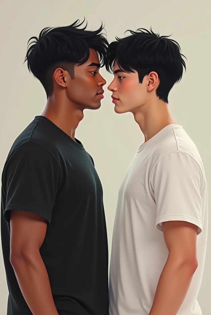 Gay boyfriends, young light-skinned man with straight black hair wearing a black t-shirt and young white man with straight black hair and a white t-shirt 