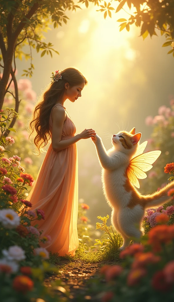 A scene of a beautiful girl touching a cat'foot、Beautiful flower garden、Dancing Cat Fairy、Beautiful sunshine、laugh, Queen and the Cat Fairy