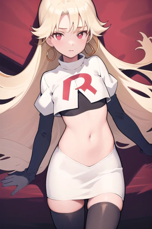 best quality, (masterpiece:1.2), illustration, absurdres,
(1girl, solo), (beautiful detailed girl), (cowboy shot),,
Roselia Millstein, blond hair, very long hair, red eyes, flat chest,
earrings, team rocket,team rocket uniform,white skirt,red letter R,crop top,black thigh-highs,black elbow gloves,