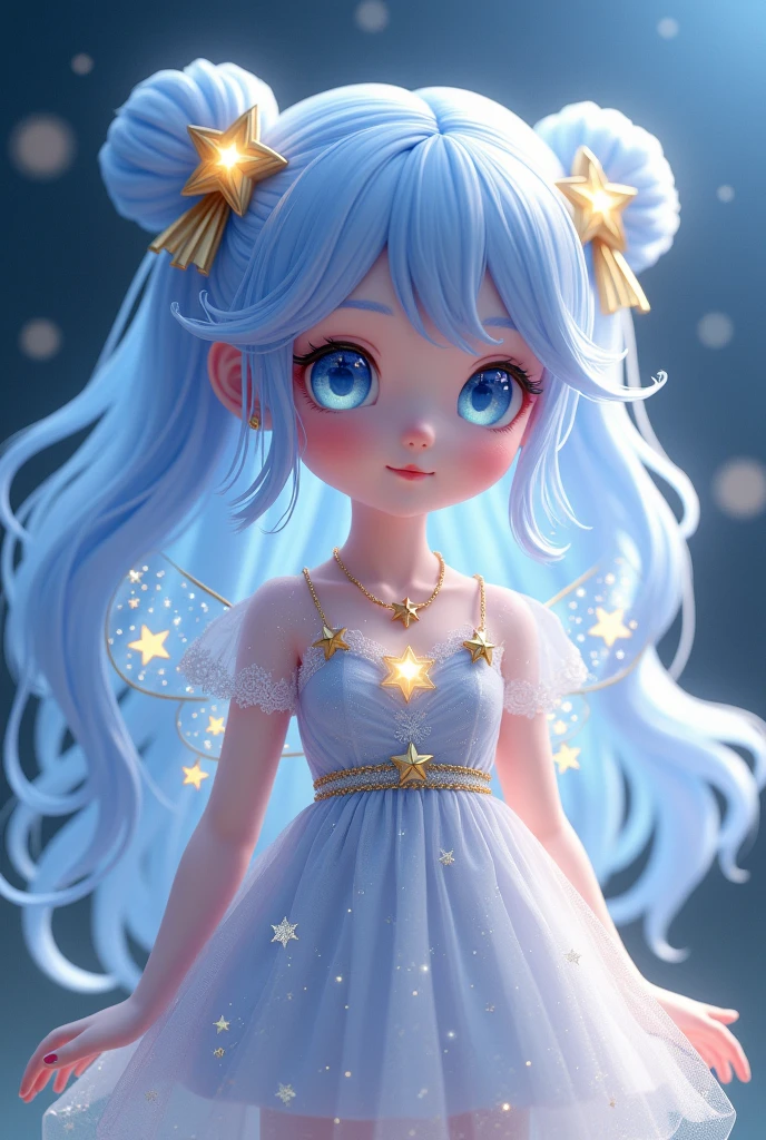 Chiều Cao: 1.30m Hair: Long hair to the back, silver blue with starry hair. Hair is tied into two small bunches, Each bunch is decorated with small star shaped bows..
Eye: Eye lớn, light blue, twinkle like stars in the night.
GIVES: GIVES trắng sáng với ánh nhũ mờ, as if made of starlight.
Trang Phục: Wearing a silver white short dress, patterned with constellations and small bright spots. Dress is decorated with starry and sparkling ribbons.
accessory: Wear a necklace with a glowing star pendant and small wings, crystal clear, help her fly gently.