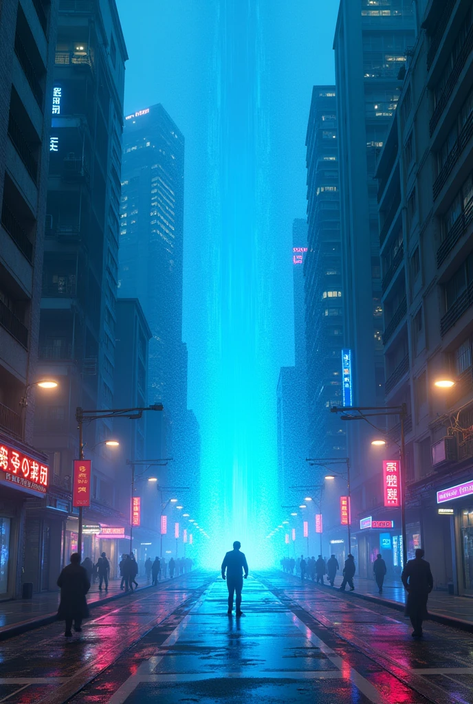 (Glitch Art), holographic, interdimensional blue distortion space on the center of cyberpunk street city