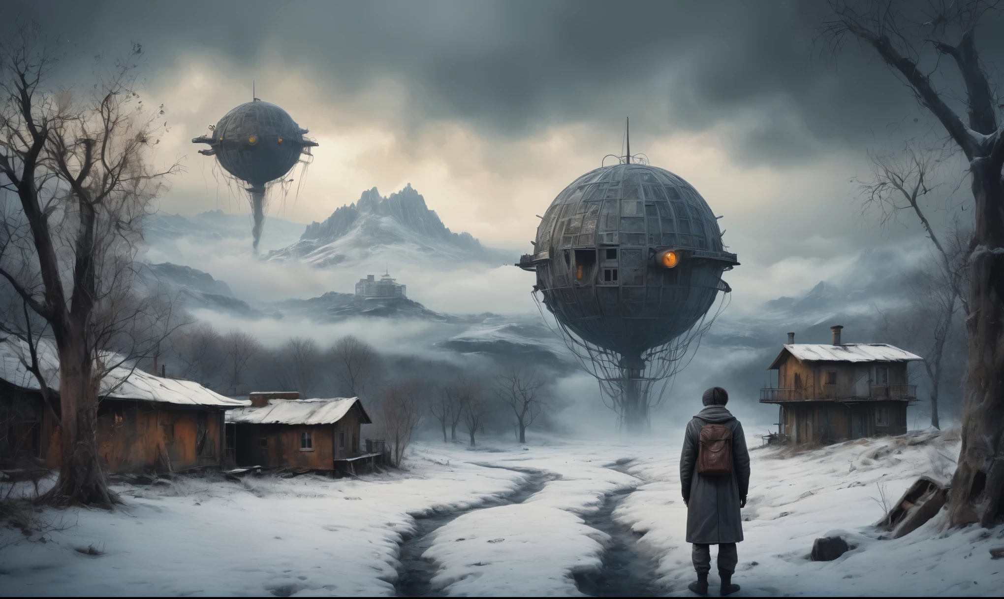 insane pilot from USSR , camouflage Rusty, after a psychiatric clinic,winter,intricate landscape,slate grey atmosphere,film grain,faded,eyes extremely detailed,another world,view from height,once pretty face,eyebrow up,full body shot,ominous landscape, Simon Stalenhag,Nicola Samori,full body shot,beggar paladium The Alien Entity,Technicolor,natural skin textures, hyper realism, hyper detailed,Extremely detailed,High contrast,Masterpiece,Realistic,Ultra Detailed, intricate details,realistic humid leather,extremly intricate,Epic Realistic, cinematic style,irina yermolova,high contrast,hdr,extremely detailed, deep night landscape,masterpiece,intricate details,faded,eyes extremely detailed, high detailed eyes,8k resolution,RAW,retina, Nikon Z9,China,tkt style, transition between two art styles, Ink painting to photorealism, Double contact, X-ray, Creative, vivid light, masterpiece, fantasy, Abstract Surrealism, super detailed, high resolution, stop:35;Her skin is pale, almost translucent,ancient rock,a hot air soars through the layers of clouds, revealing a colossal and enigmatic cityscape nestled within. The buildings in this ethereal city are adorned with intricate details and exude an aura of mystery. Above the cityscape, lend an enchanting touch to the scene. steampunk. The intricate mechanics create a sense of wonder and fascination, as if stepping into a dreamlike realism, water sphere with a bunch of trees on it, overgrown planet, insane planet, Fractal World, A lush world of fantasy, fantasy planet, Dyson sphere,  planetary landscape, Jofra Bosschart,psychedelic  Mysterious World